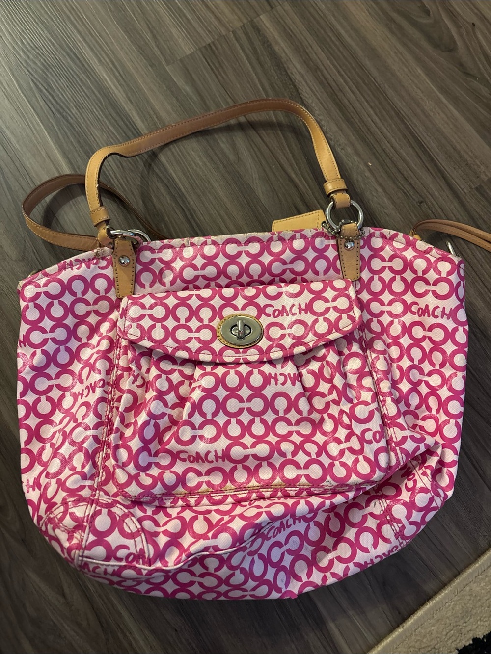 Coach Pink Signature Shoulder Bag with Tan Leather Straps